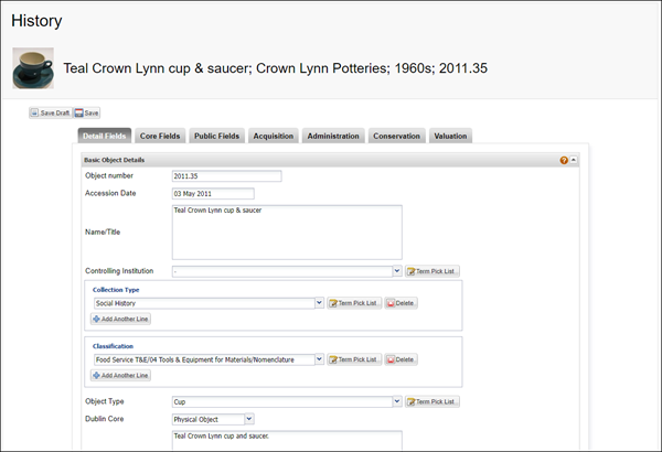 Screenshot of the object cataloguing page.