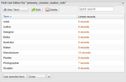 Screenshot of the pick list editor